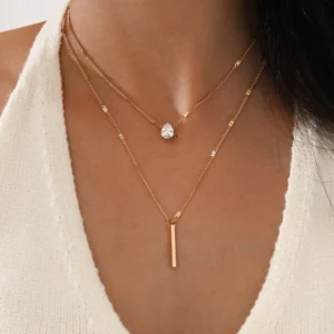 2 peças/conjunto colar strass pingo d'água & retângulo